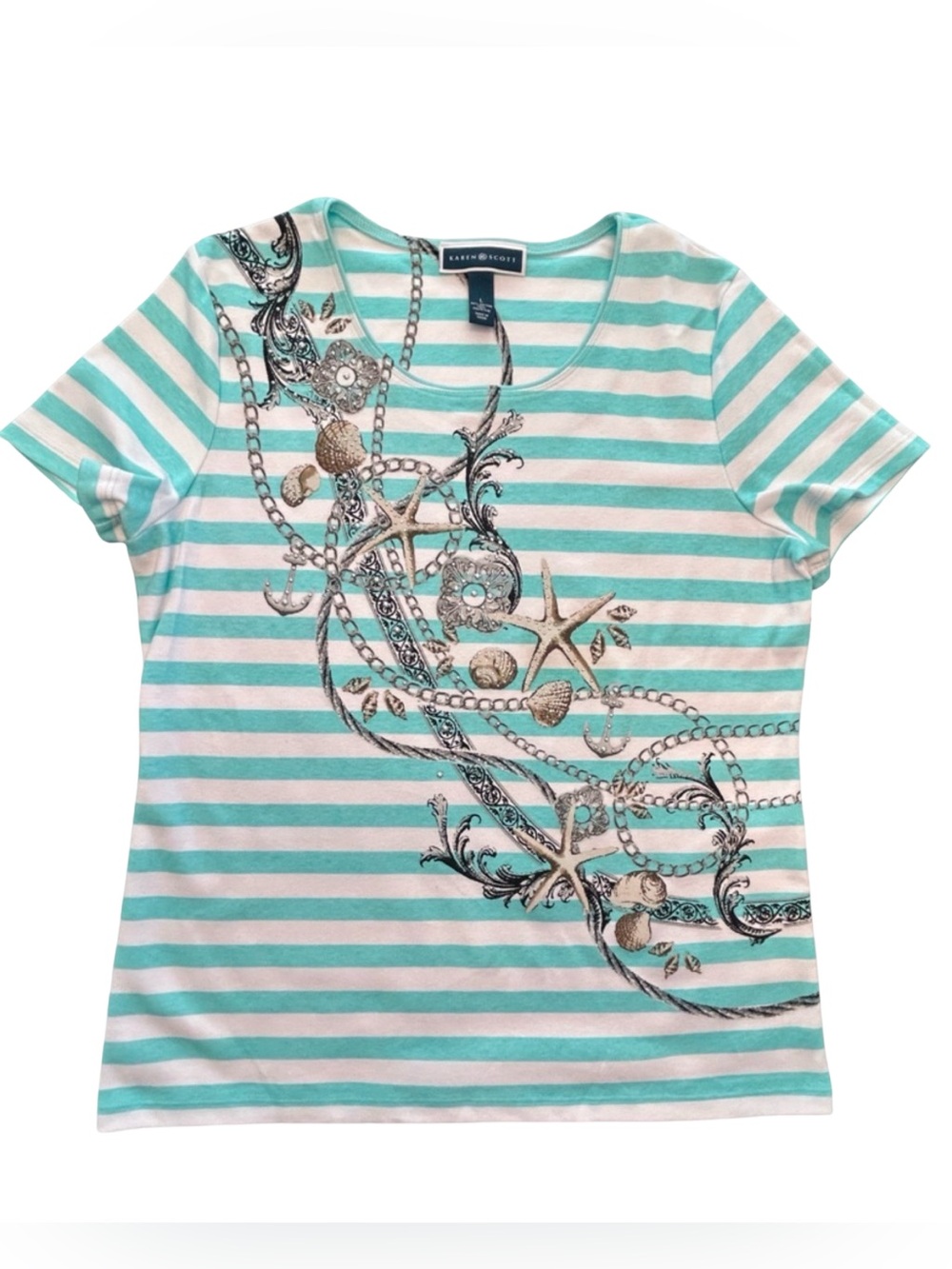 Karen Scott Teal Nautical Stripe tee Starfish Rhinestone coastal grandma NWT L